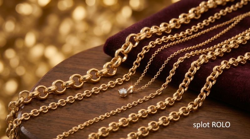 Gold chain with a rolo weave featuring distinctive round links arranged on burgundy fabric.